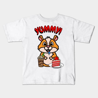 Cute orange pet is having coffee and cake Kids T-Shirt